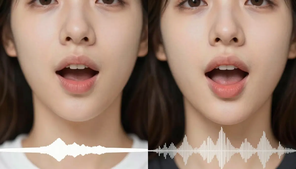 Before and after comparison of AI lip sync showing a character with silent mouth movements versus the same character with accurately synchronized speech animation