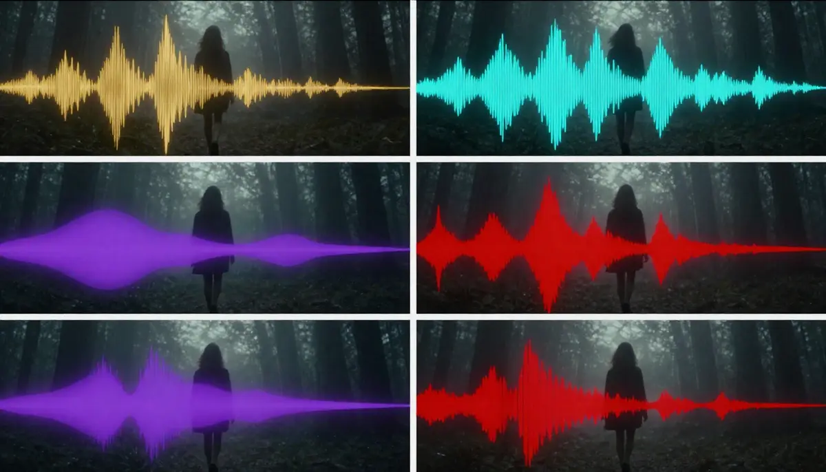 Side-by-side waveform comparison of five AI-generated music styles -- cinematic, lo-fi, electronic, ambient, and dramatic -- showing distinct frequency and amplitude patterns