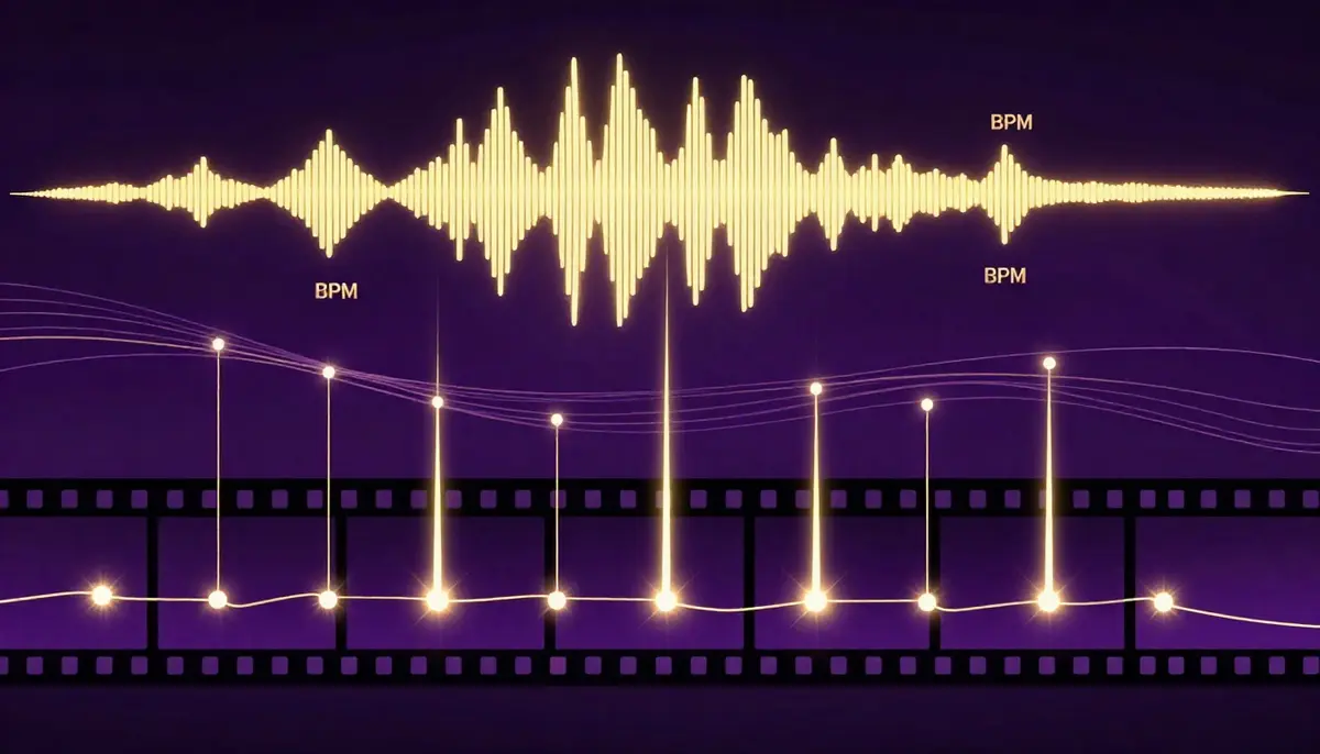 Diagram showing advanced music-visual sync techniques including BPM matching, mood mapping, segment generation, and reference video workflow