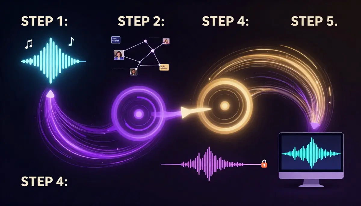 Six-step workflow diagram for creating an AI music video in Seedance: prepare audio, write prompt, choose audio mode, upload references, generate, and export