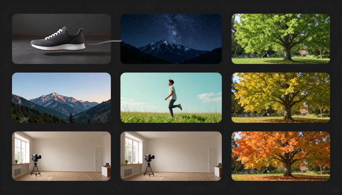 Five workflow examples for first and last frame AI video generation: character animation, product reveal, landscape time-lapse, action sequence, and emotional storytelling, each showing the first frame, last frame, and resulting video