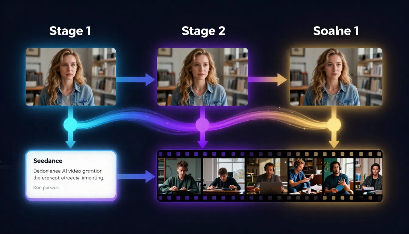 Diagram showing the Seedance end-to-end pipeline from Image Prompt Generator to Text-to-Image to Image-to-Video, demonstrating how AI-generated first frames flow into AI video generation