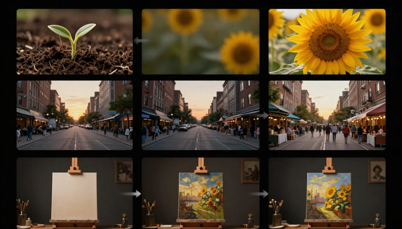 Three examples of first and last frame storytelling: a person standing then walking away showing departure, a closed flower bud then blooming showing growth, and an empty room then a room full of people showing gathering