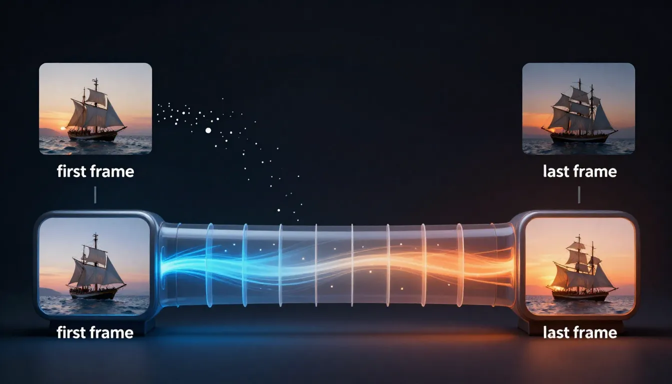 Technical diagram showing how AI video diffusion models use first and last frame conditioning signals to generate intermediate video frames through motion prediction and interpolation