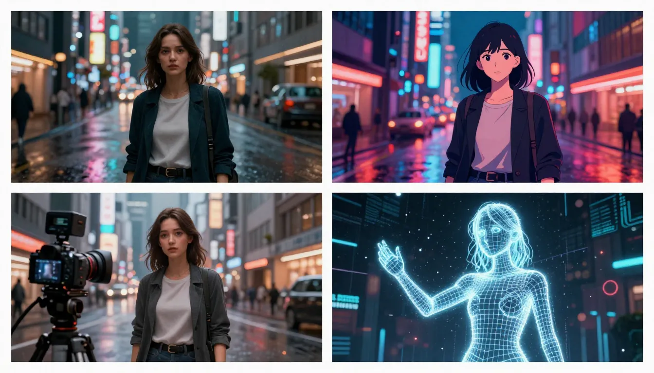 Showcase of diverse AI video generation styles and capabilities expected in late 2026 and beyond, including photorealistic, stylized, 3D-aware, and real-time generation