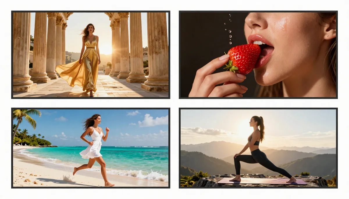 Multiple AI-generated marketing video outputs from different prompt templates showing variety of styles and use cases