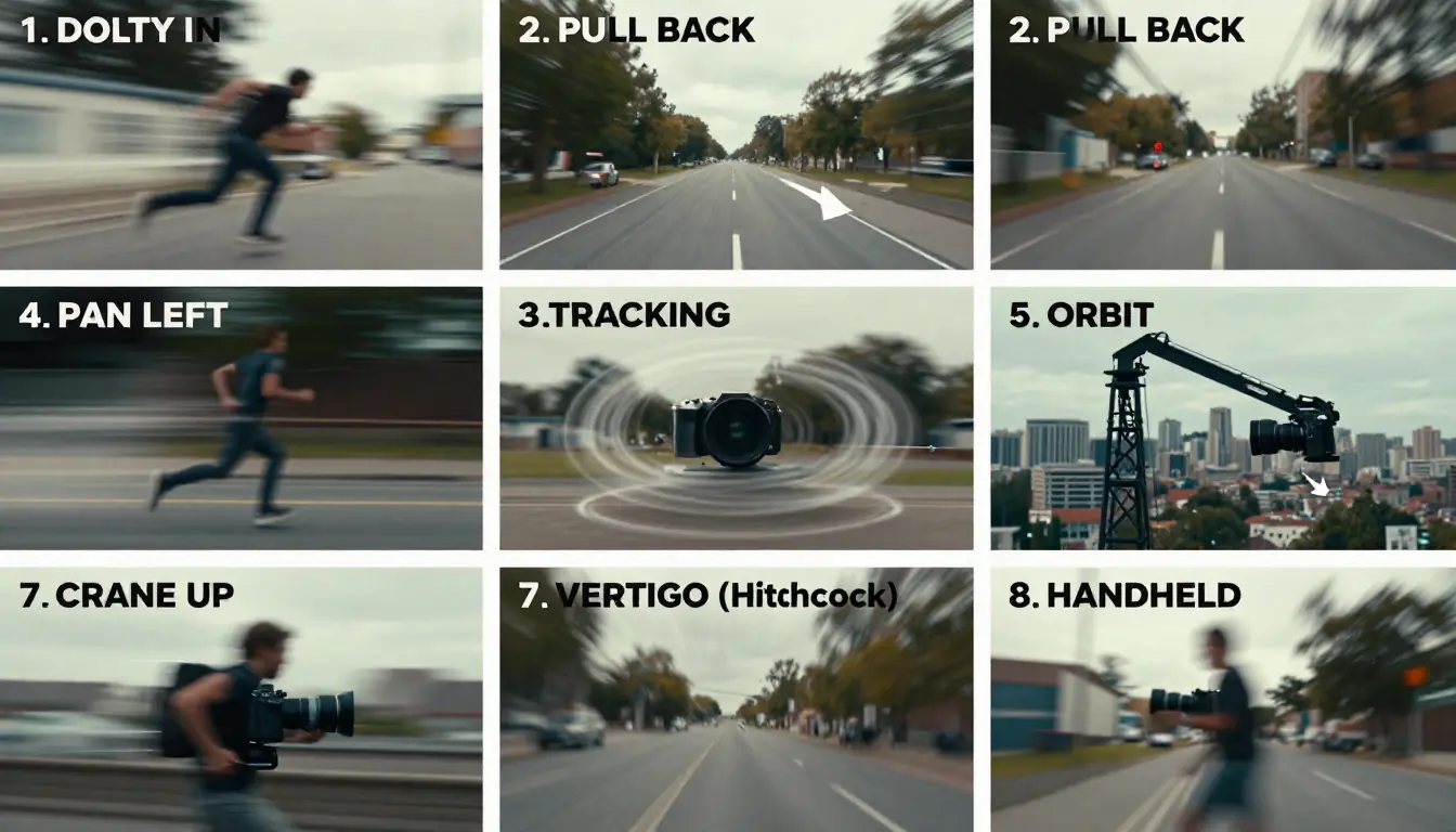Visual guide showing 8 camera movement types for AI video prompts: dolly in, pull back, pan, tracking, orbit, crane, special techniques, and handheld