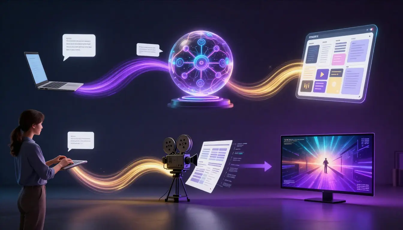 5-step workflow diagram showing the complete pipeline from idea to finished AI video: Concept, Prompt Generation, Review and Edit, Video Generation, Post-Production