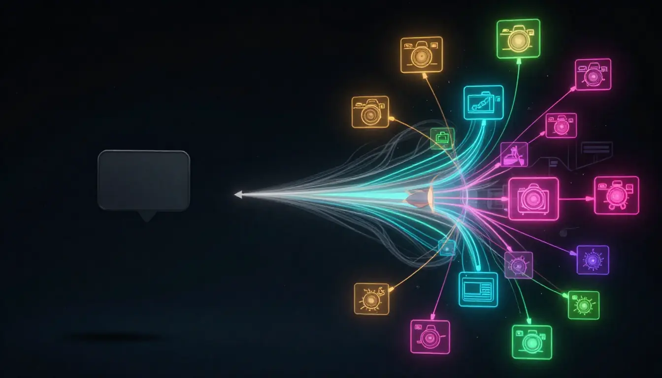 Before and after comparison showing a short input like 'a coffee shop in the morning' expanded into a complete storyboard prompt with camera movements, timeline, and sound design