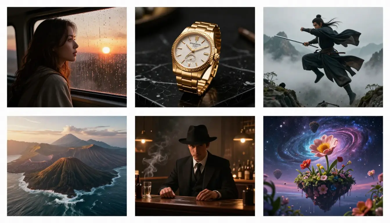 Visual grid showing 6 template categories for AI video prompts: Narrative, Product, Character, Landscape, Cinematic, and Creative, with example thumbnails for each