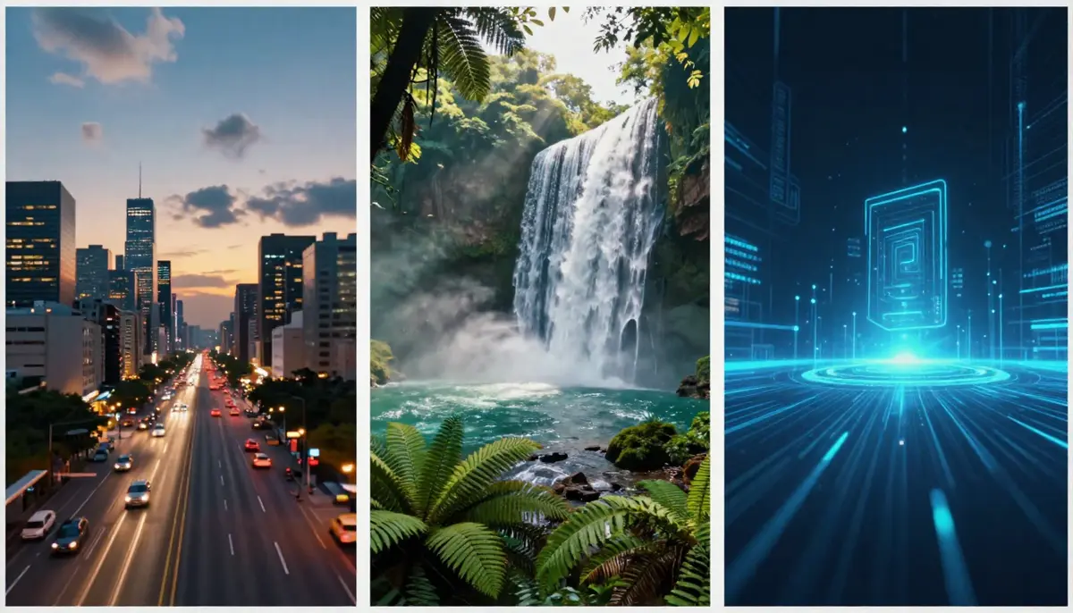 Collection of AI-generated B-roll clips for YouTube videos showing city aerials, nature close-ups, and abstract visualizations