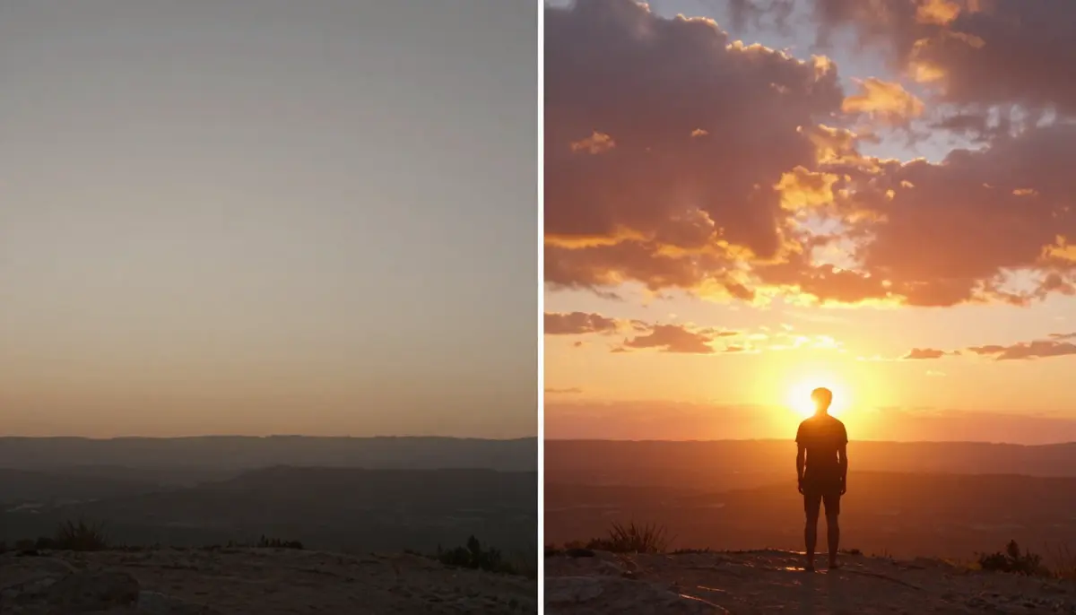 Before and after comparison showing a basic YouTube thumbnail transformed with AI-generated visual elements and backgrounds