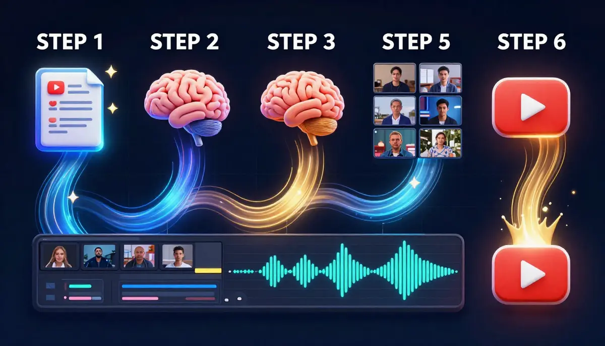 Complete 6-step workflow diagram for creating YouTube videos with AI video generation, from planning through SEO optimization