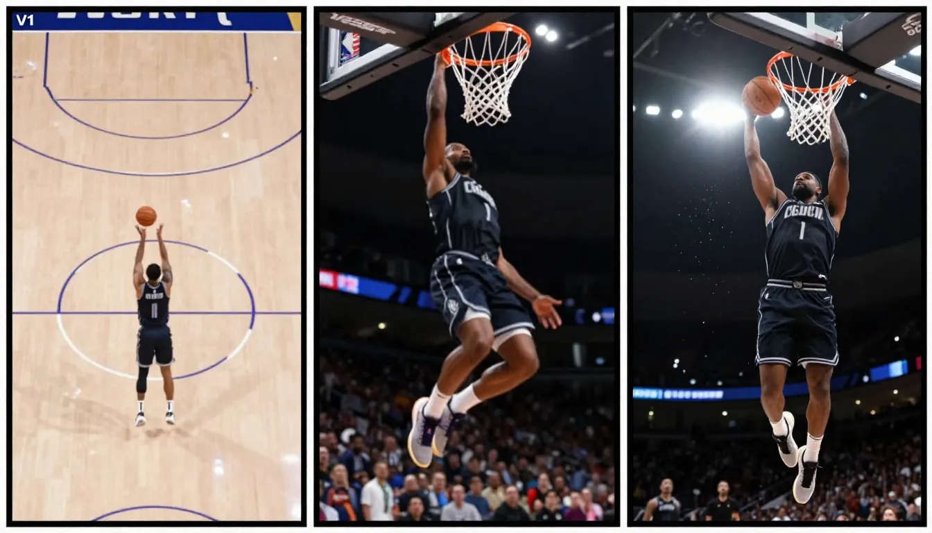 Three-stage iteration of an action sports AI video prompt showing a basketball dunk from basic to broadcast quality