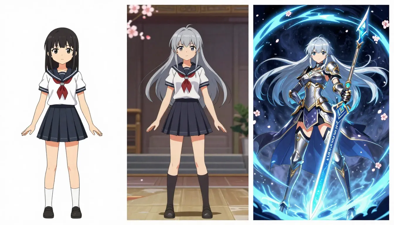 Three-stage iteration of an anime warrior AI video prompt showing progression from basic to studio-quality anime scene