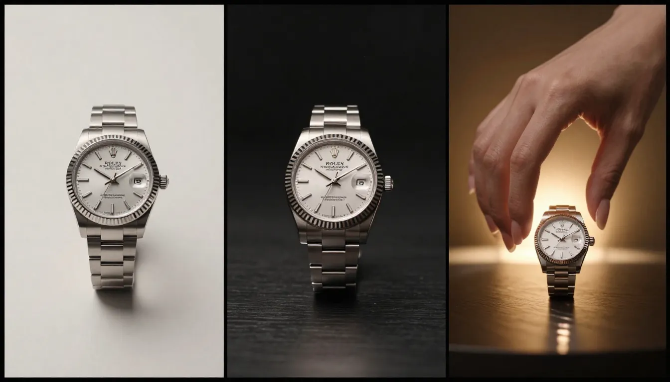 Three-stage iteration of a brand commercial AI video prompt showing a luxury watch ad from basic to premium production quality