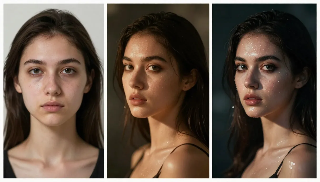 Three-stage iteration of a cinematic portrait AI video prompt showing progression from basic to optimized