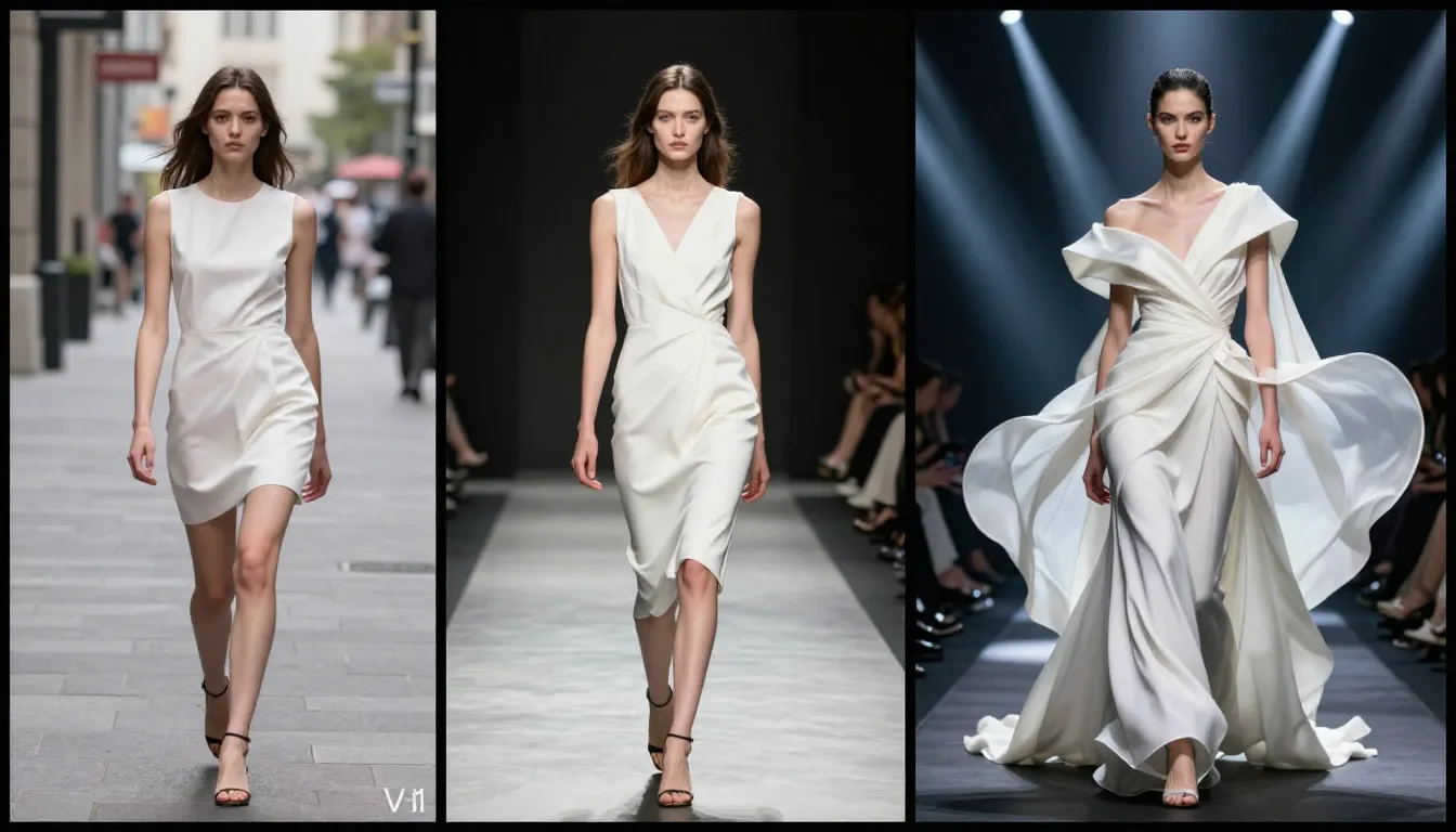 Three-stage iteration of a fashion runway AI video prompt showing progression from basic walk to haute couture editorial moment