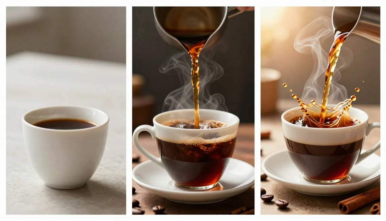 Three-stage iteration of a food and beverage AI video prompt showing a coffee pour from basic to commercial quality