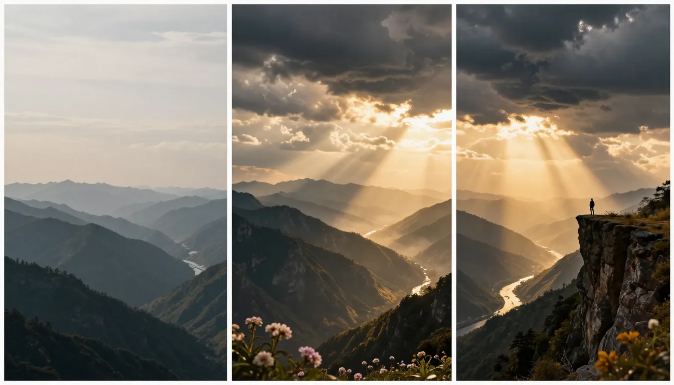 Three-stage iteration of a nature landscape AI video prompt showing mountains from basic to epic cinematic quality