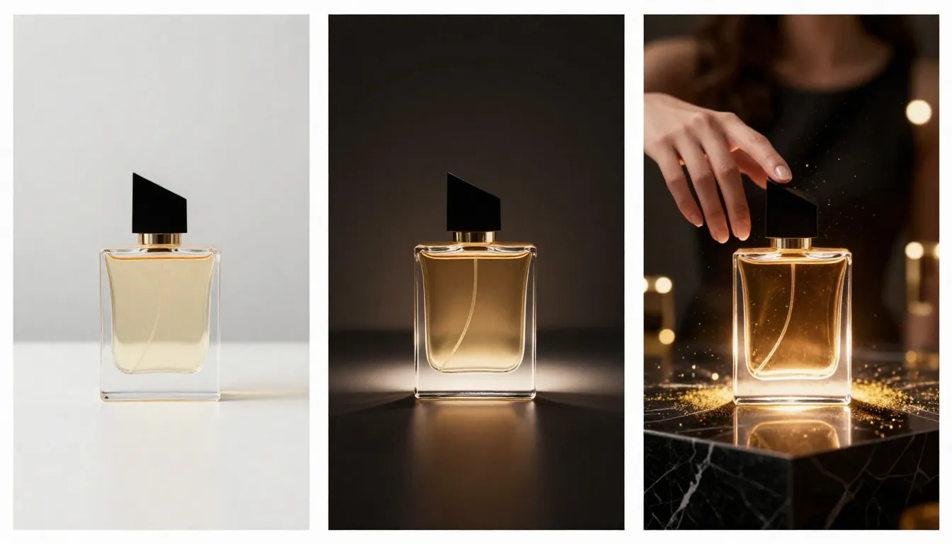 Three-stage iteration of a product showcase AI video prompt showing a perfume bottle from basic to commercial quality