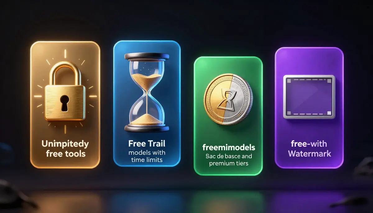 Infographic explaining the four types of free AI video generator models: completely free, freemium, free trial, and free with restrictions