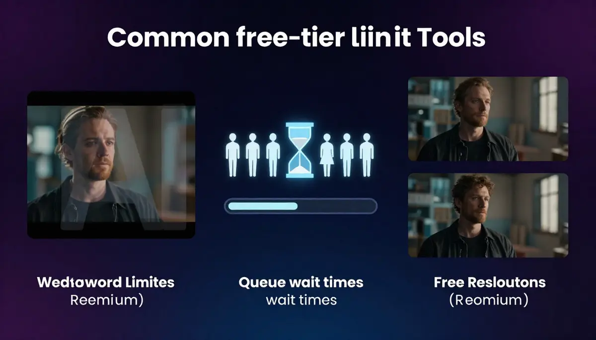 Overview of free AI video generator limitations including watermarks, resolution caps, queue priority, and commercial rights restrictions