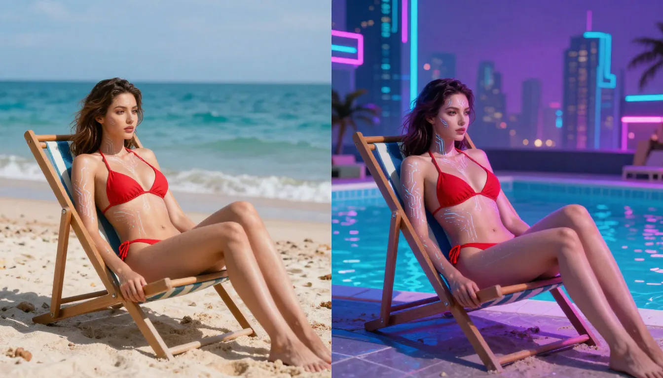 Seedance video-to-video style transfer comparison showing realistic beach scene transformed to cyberpunk neon aesthetic