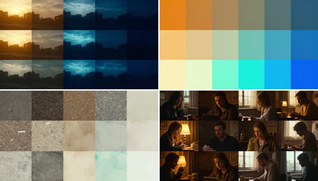 Organized reference chart of atmosphere keywords for AI video prompts, divided into four categories: lighting, color tone, texture and quality, and mood keywords with visual examples