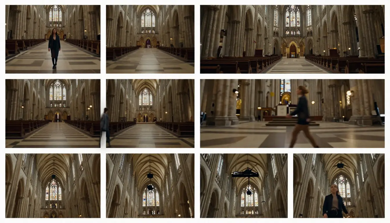 Visual reference guide showing 12 camera movements with their names, motion paths, and emotional effects including dolly, pan, tracking, orbit, crane, and handheld shots