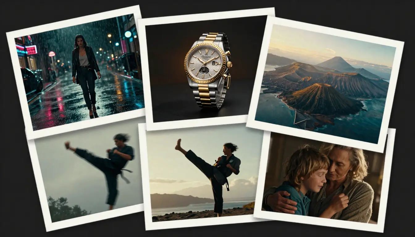 Stunning cinematic AI video output showing a lone astronaut kneeling in red Martian terrain discovering a small green plant, with dramatic side lighting and volumetric dust