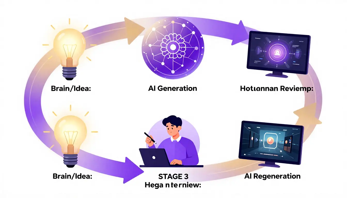 Workflow diagram showing the hybrid approach: AI generates an initial structured prompt, human reviews and refines specific elements, then the refined prompt produces the final video