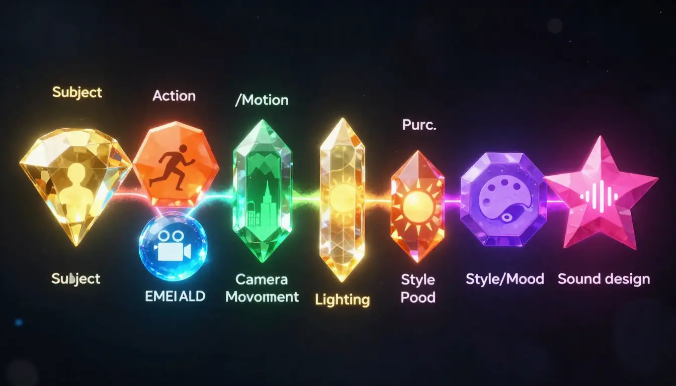 Visual breakdown of the seven-element universal video prompt formula showing Subject, Action, Environment, Camera, Lighting, Style, and Sound with example keywords for each element