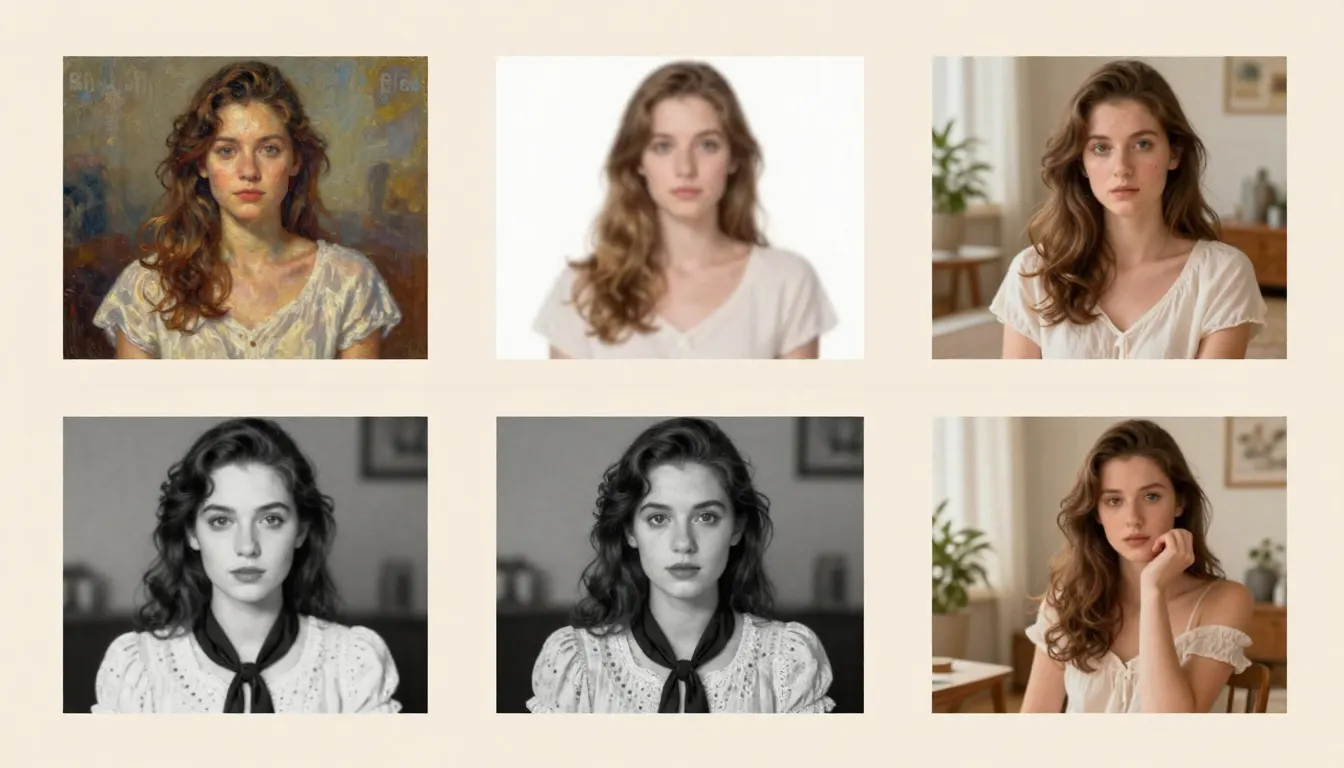 Six panels showcasing image-to-image AI capabilities: style transfer, enhancement, inpainting, outpainting, variation generation, and video frame preparation