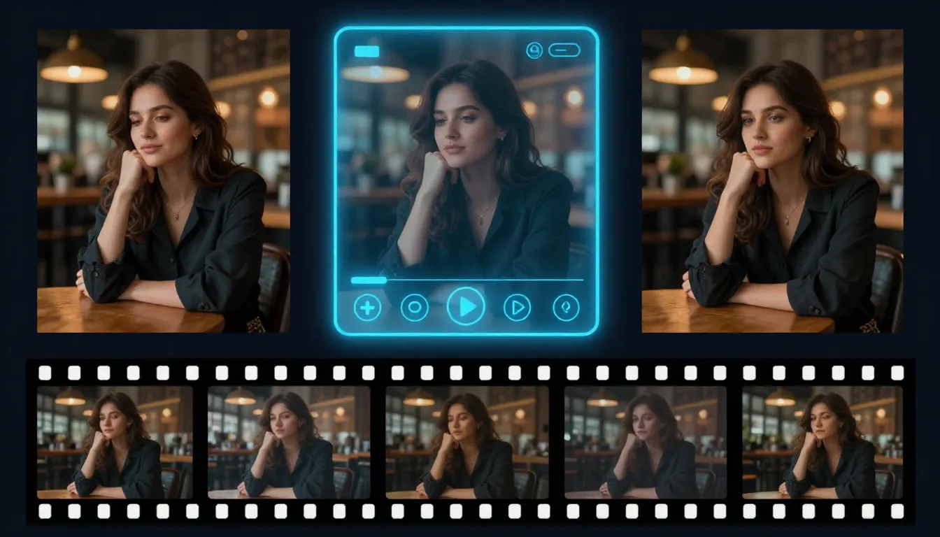 Three-stage video frame preparation workflow showing rough source image transformed via image-to-image into polished reference frame then generated into AI video