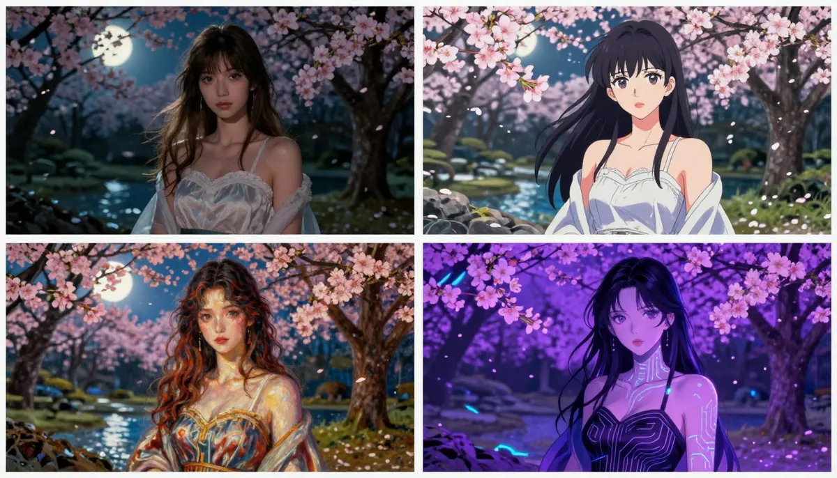 Seedance AI multi-style exploration showing same scene rendered in four styles: photorealistic, anime, oil painting, and cyberpunk