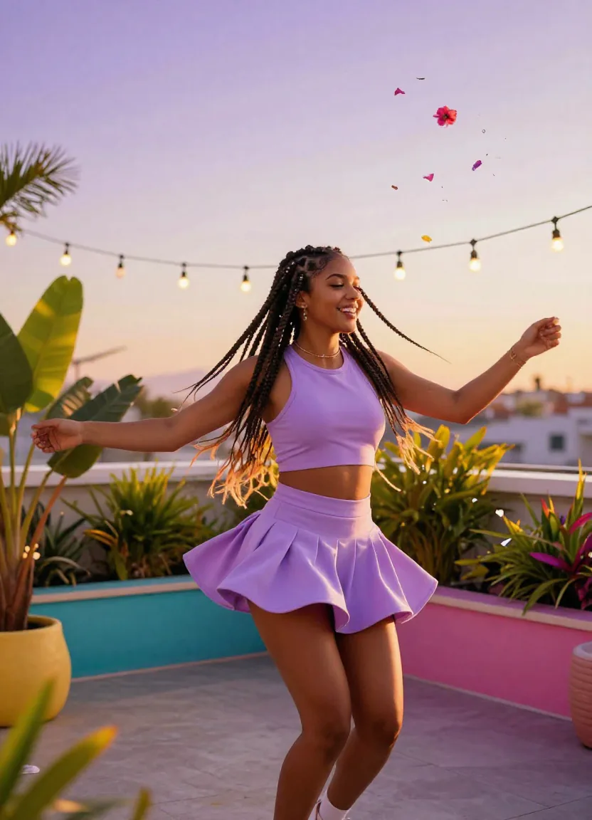 Seedance AI social media video frame of rooftop party scene with city skyline bokeh