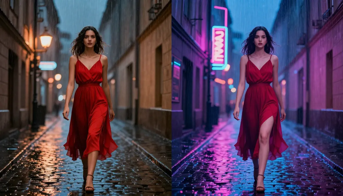 Seedance AI video-to-video style transfer showing same scene in photorealistic and cyberpunk anime styles side by side