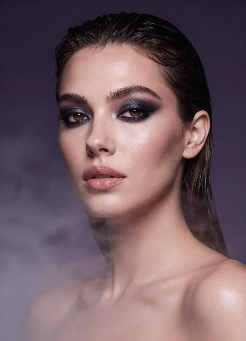 Seedance AI-generated beauty portrait showing a woman with smoky eye makeup and dewy skin in mist