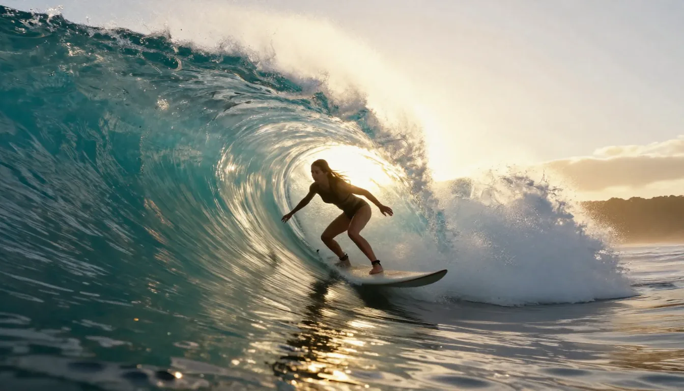 Seedance AI epic surfing scene with a surfer inside a massive barrel wave at golden hour
