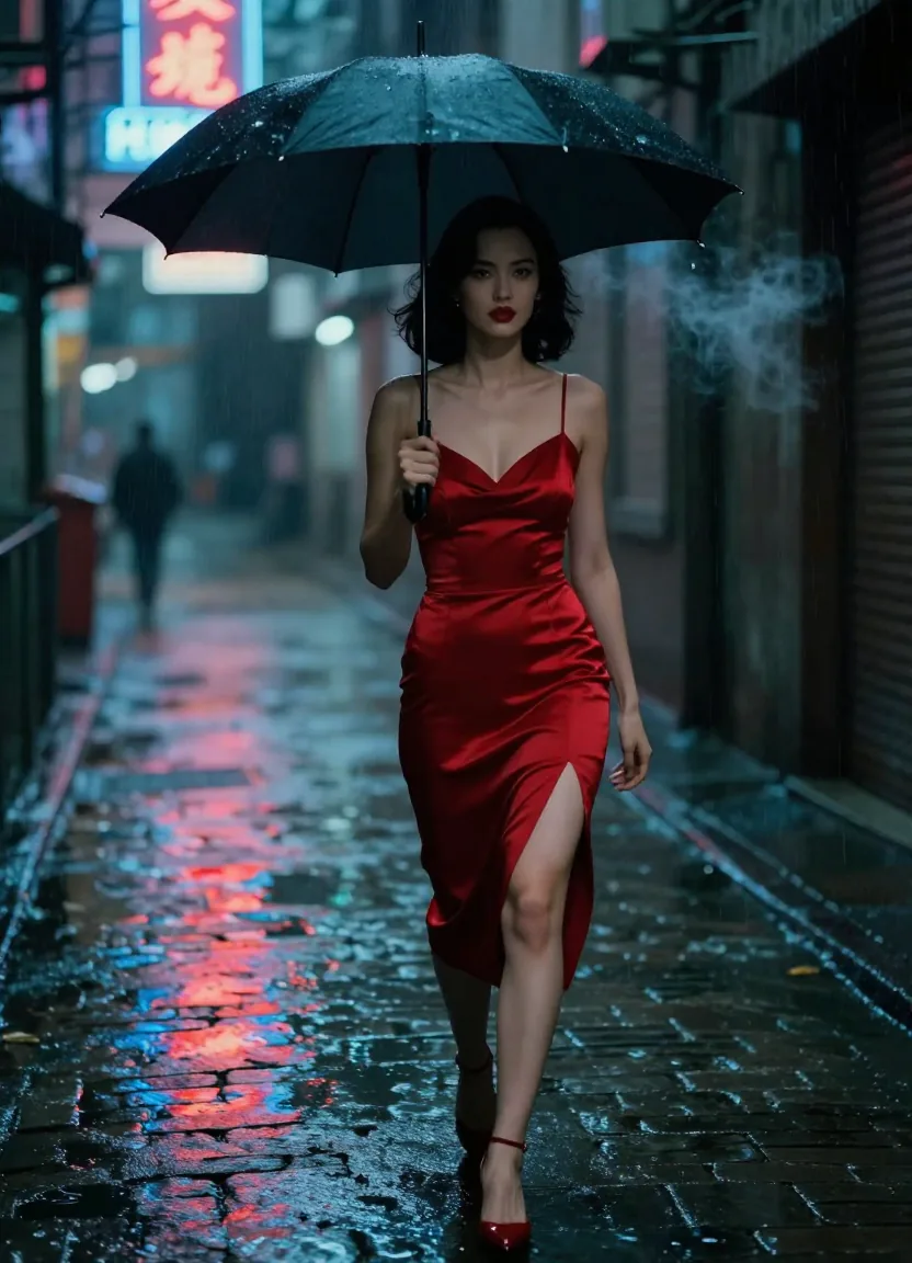 Seedance AI cinematic film noir scene of a femme fatale in red dress on rain-soaked Hong Kong back alley
