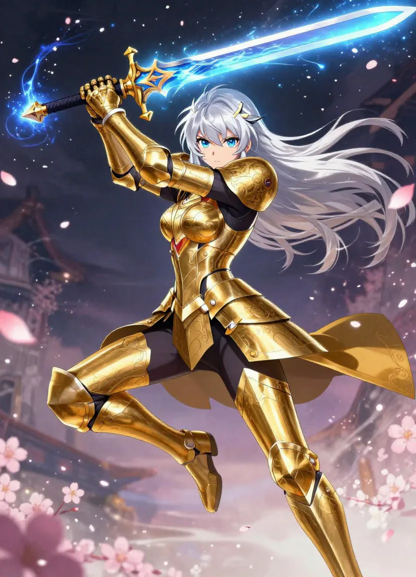 Seedance AI anime fantasy warrior princess with silver hair and golden battle armor wielding a glowing magical sword