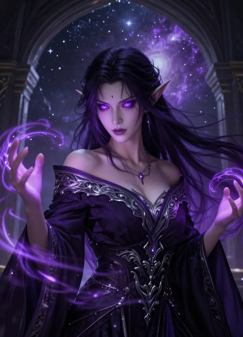 Seedance AI dark fantasy elf sorceress with purple hair casting arcane magic against a starfield background