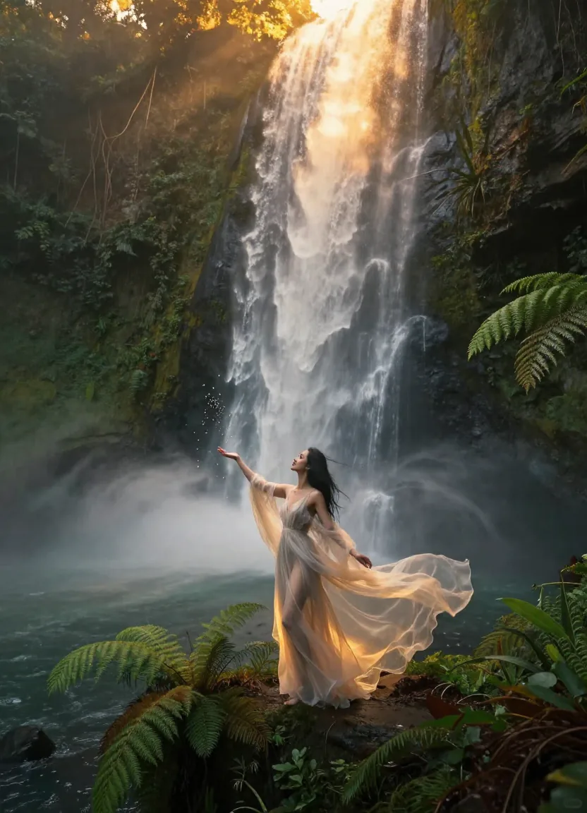 Seedance AI ethereal nature scene of a woman in gossamer dress at the edge of a towering waterfall cliff surrounded by mist