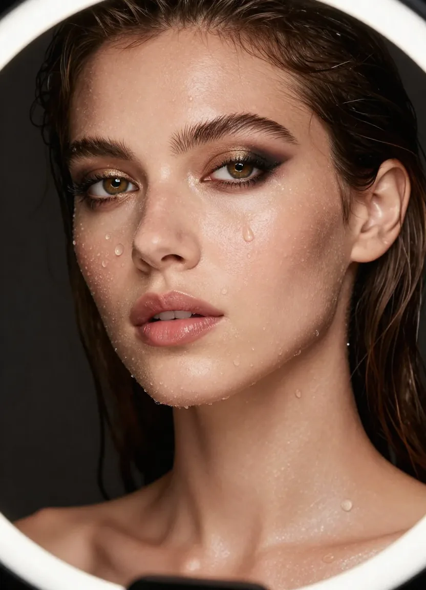 Seedance AI beauty portrait with extreme close-up of a model with wet dewy skin and water droplets, ring light catch