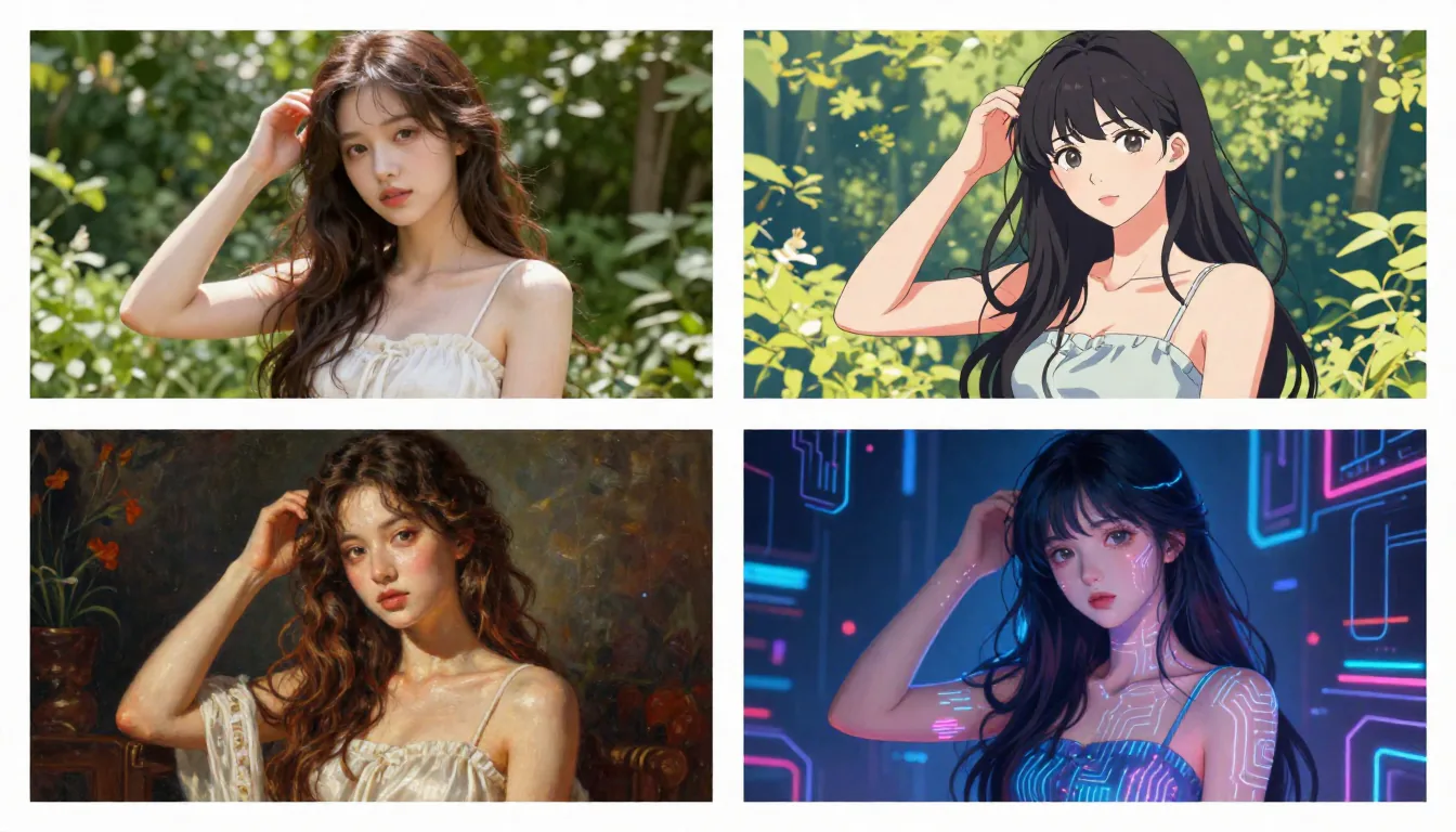 Seedance AI four-way style comparison showing the same scene in photorealistic, anime, oil painting, and cyberpunk styles