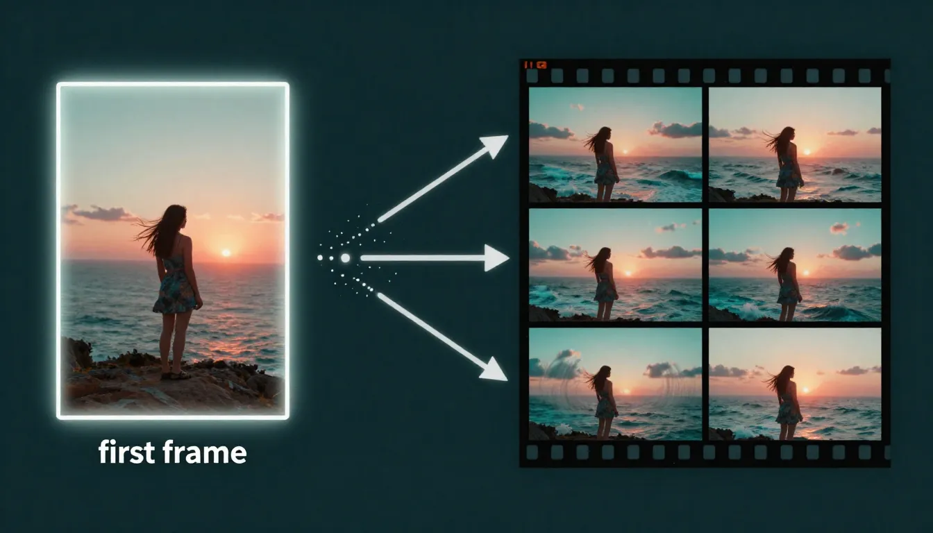 Three-panel diagram showing the text-to-image-to-video pipeline: text prompt generates a still image, which becomes the first frame of an AI-generated video with motion and camera movement