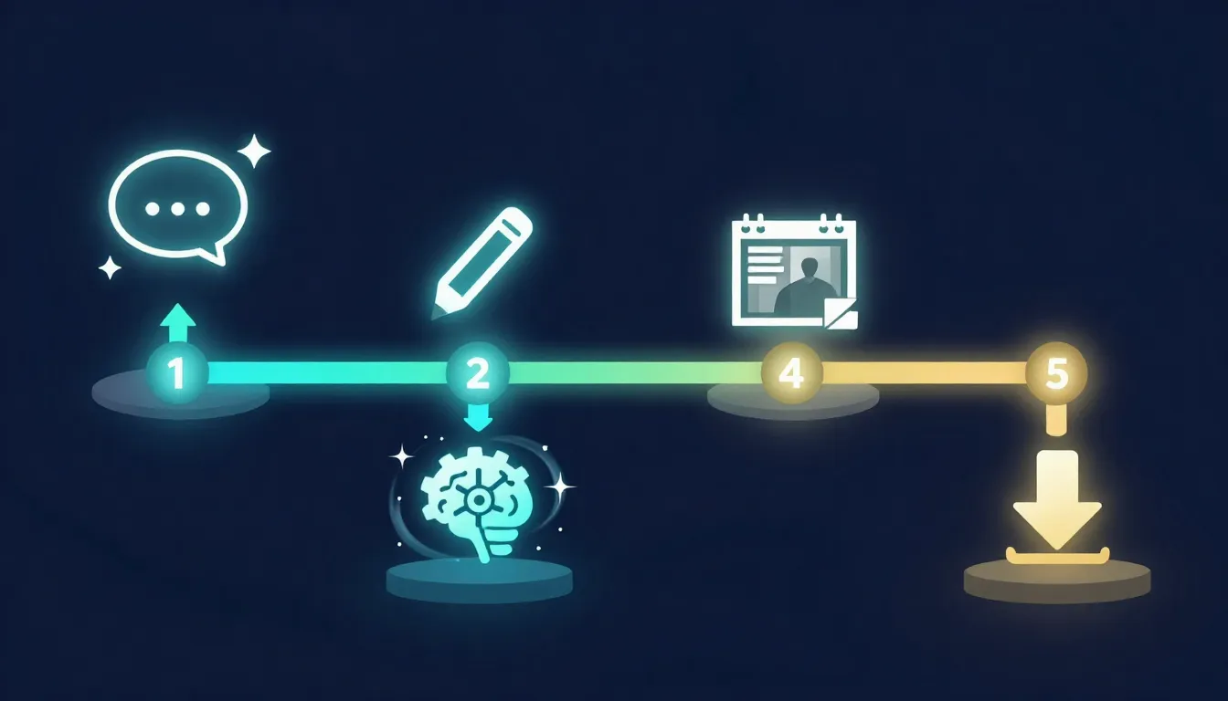 Four-step text-to-image workflow showing prompt writing, tool configuration, generation with iteration, and final use including video first frame conversion