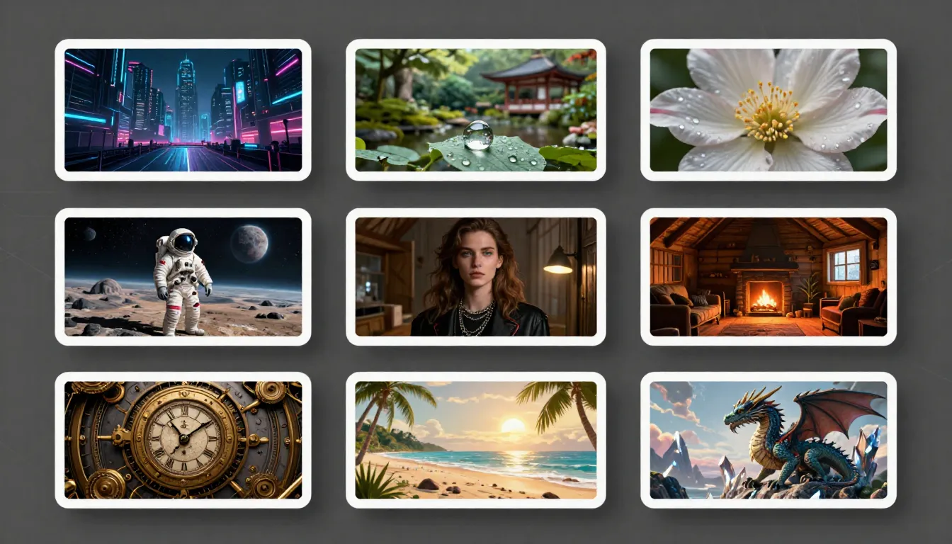 Grid of 10 AI-generated images demonstrating different prompt categories: portrait, product, fantasy, anime, architecture, food, abstract, vintage, and two video first frames