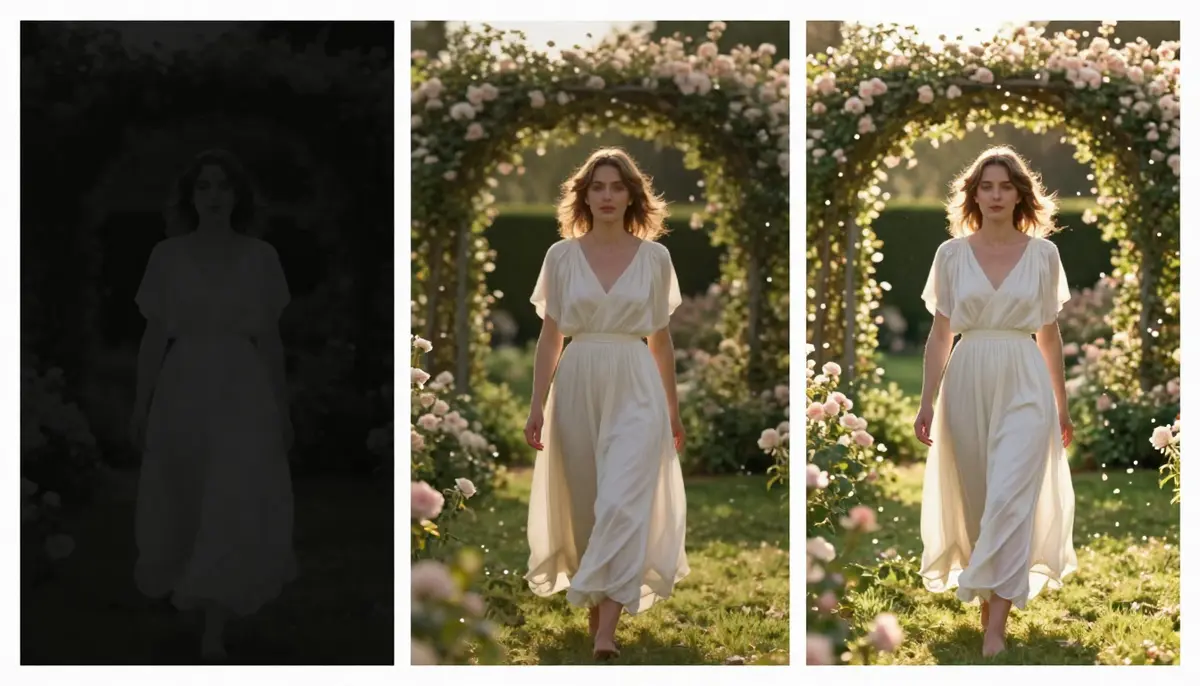 Drei-Frame-Vergleich, der schnelle Iterationen für die Text-zu-Video-Generierung zeigt: V1: Basisversion → V2: Verbesserte Version → V3: Filmreife Endversion